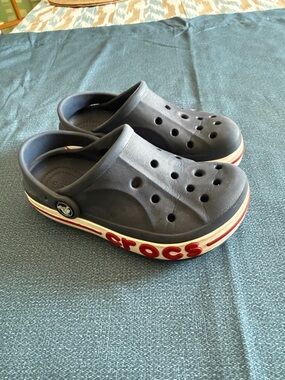 CROCS Kids Navy Blue Clogs with Red and White Trim